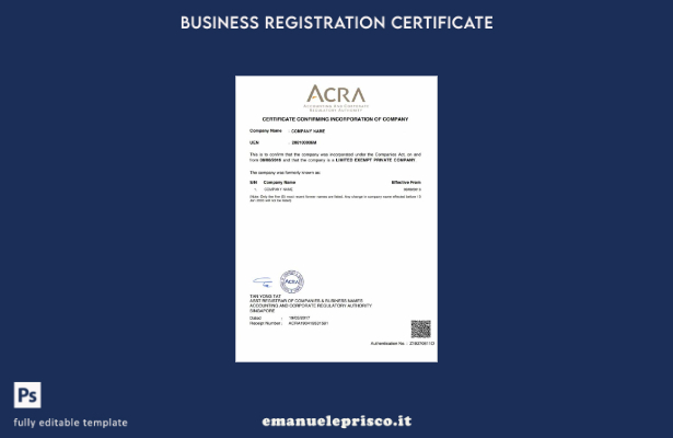 modello di certificato di costituzione di Singapore in stile verificato
